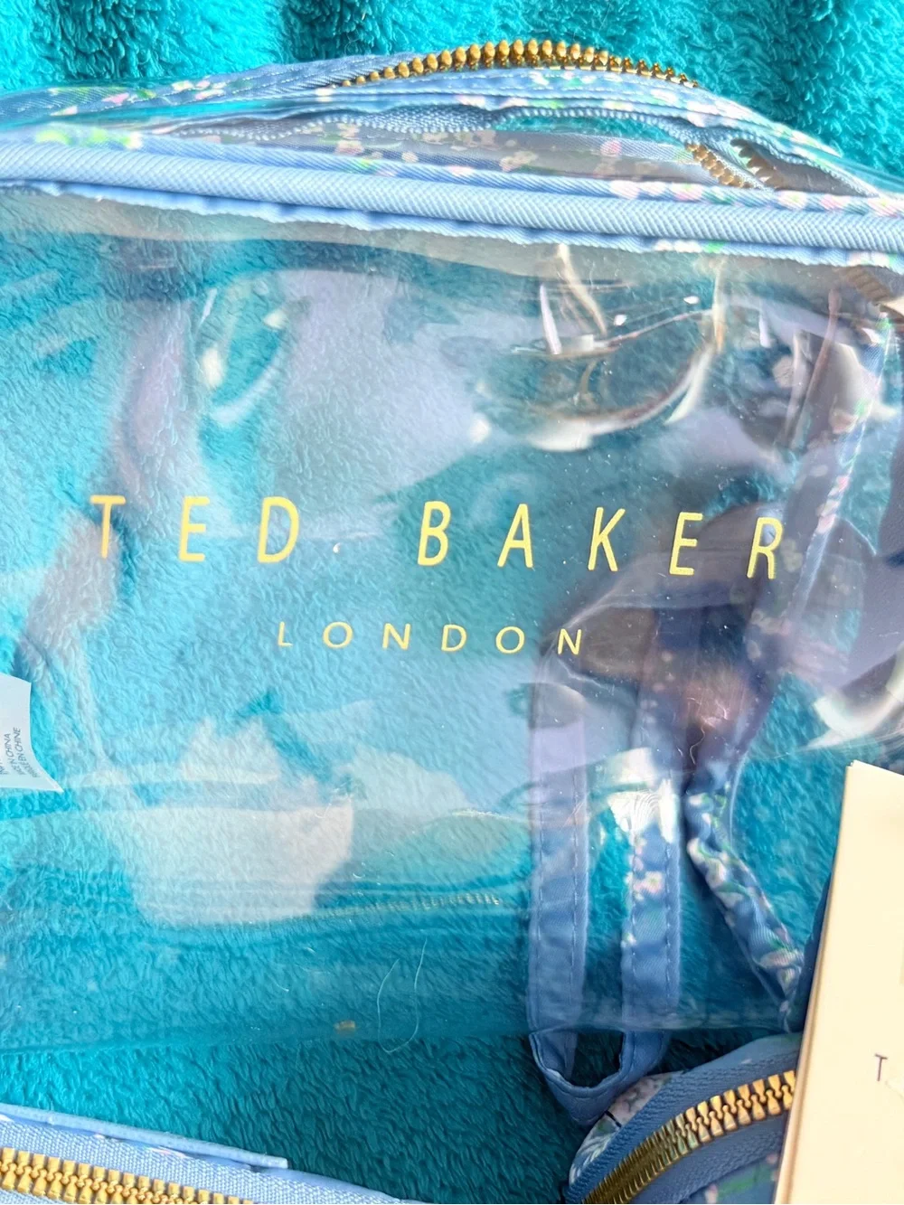 Ted Baker 3 Piece Blue Quilted Floral & Clear Cosmetic Bag Pouches NWT
